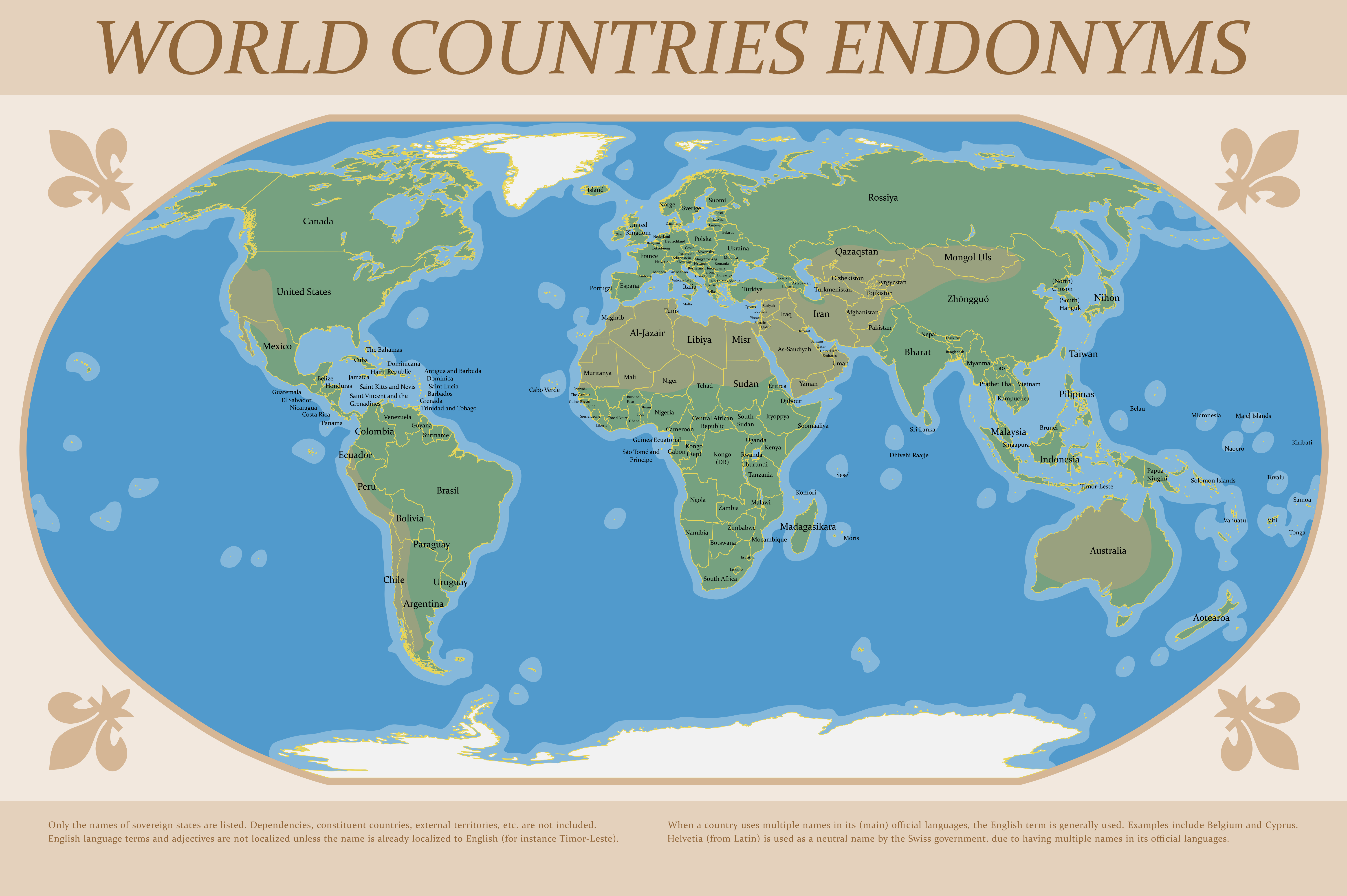 World names. Countries of the World names. Endonym Map. The hottest Country in the World. Endonym and exonym Map.